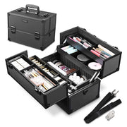 TheLAShop Portable Makeup Train Case w/ Locks Dividers Aluminum 14x8x10" Image